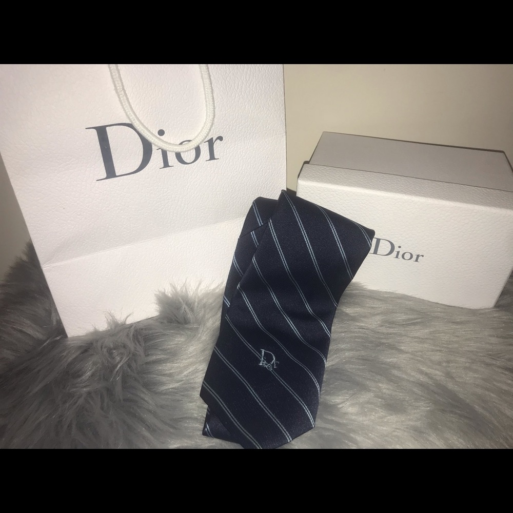 Authentic Christian Dior Navy Blue Striped Tie